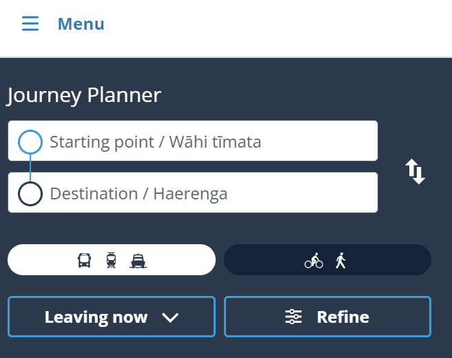 screenshot of mobile journey planner