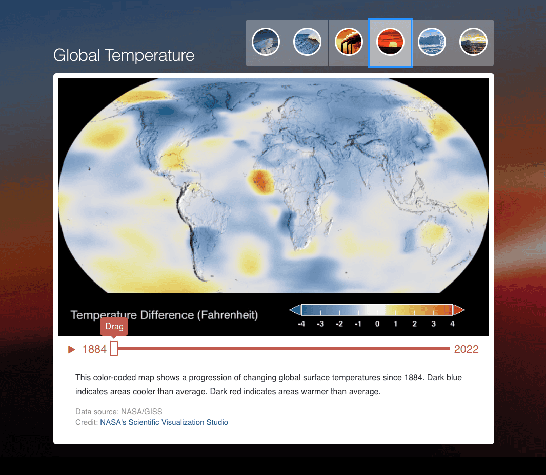 A screenshot of the Nasa Climate Time Machine web site.