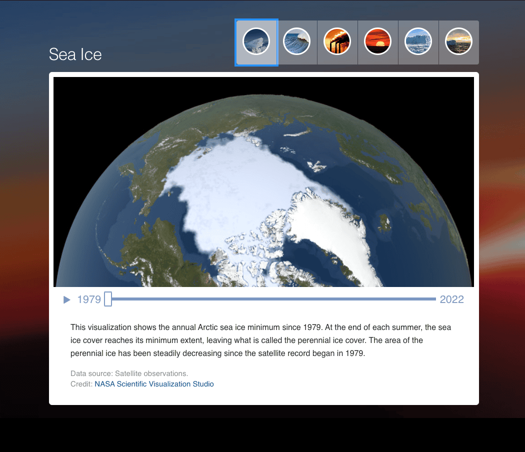 A screenshot of the Nasa Climate Time Machine web site.
